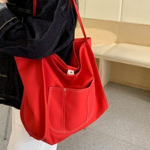 Trendy Large Capacity Tote Canvas Bag for Women, Casual Travel Shoulder Bag with Niche Design and Stylish Lines