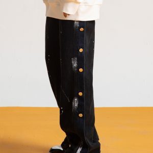 Trendy Loose Straight Button Fly Denim Pants with Splatter Design for Autumn High Street Style