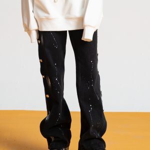 Trendy Loose Straight Button Fly Denim Pants with Splatter Design for Autumn High Street Style