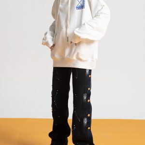 Trendy Loose Straight Button Fly Denim Pants with Splatter Design for Autumn High Street Style
