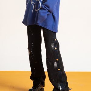 Trendy Loose Straight Button Fly Denim Pants with Splatter Design for Autumn High Street Style