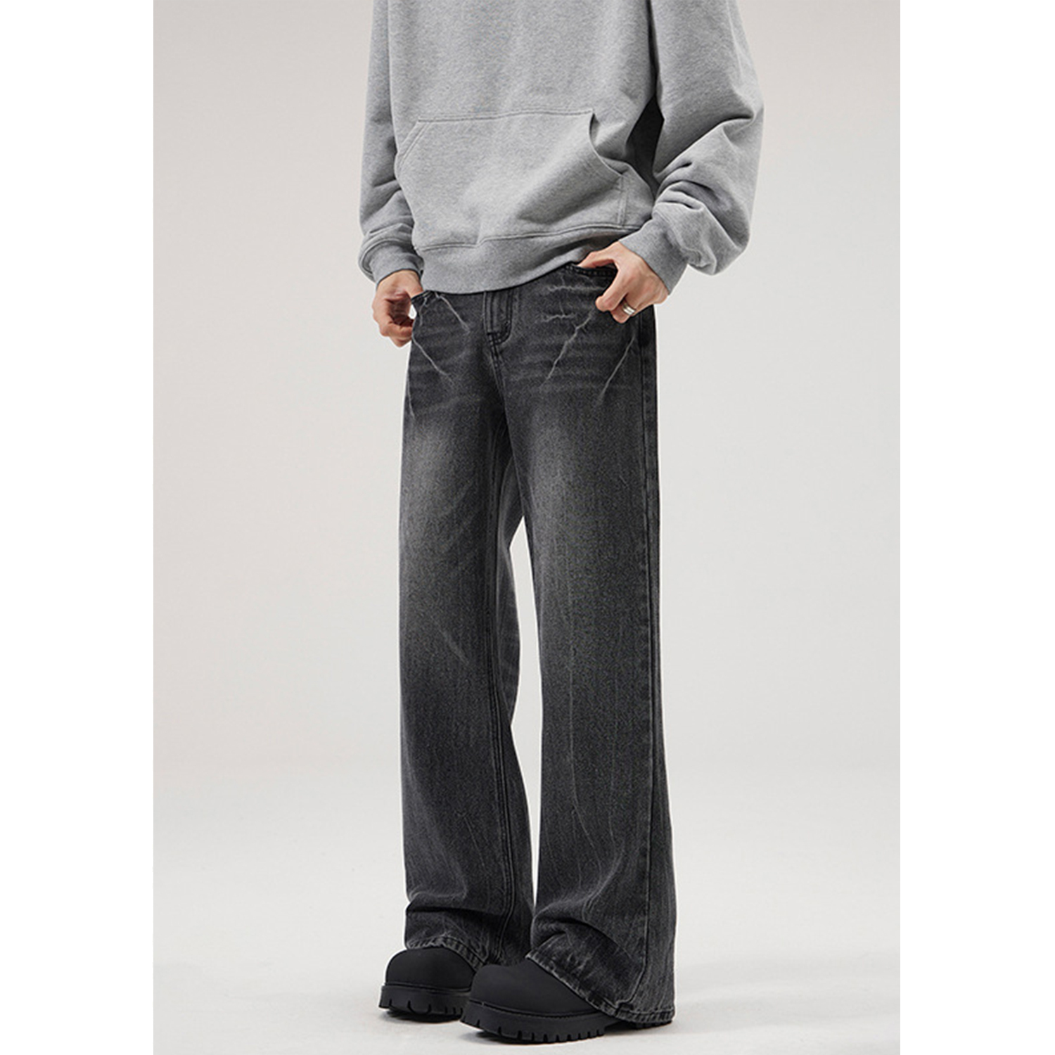 Trendy Men's American Retro Washed Denim Pants with Lightning Crack Design and Slight Flare - Y2K Inspired Fashion