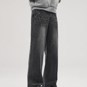 Trendy Men's American Retro Washed Denim Pants with Lightning Crack Design and Slight Flare - Y2K Inspired Fashion