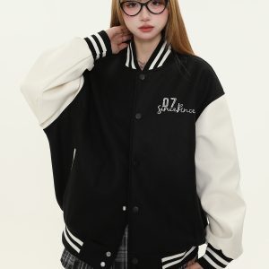 Trendy Pearl Letter Printed Baseball Jacket for Women - American Style Loose Fit Couple Jacket for Spring Fashion