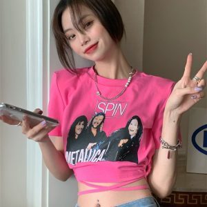 Trendy Pink Crop Top T-Shirt for Women, Short Sleeve Dance Style, European and American Fashion, Spicy Girl Design, Casual Chic.