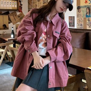 Trendy Pink Denim Jacket for Women - Korean Chic Spring Autumn Workwear - Stylish Casual Layering Piece 2025