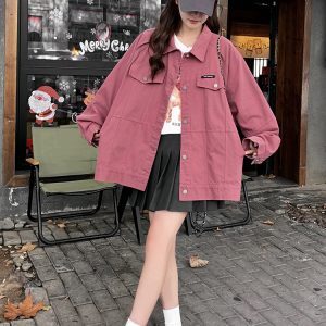 Trendy Pink Denim Jacket for Women - Korean Chic Spring Autumn Workwear - Stylish Casual Layering Piece 2025