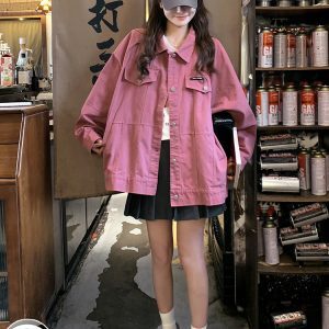 Trendy Pink Denim Jacket for Women - Korean Chic Spring Autumn Workwear - Stylish Casual Layering Piece 2025