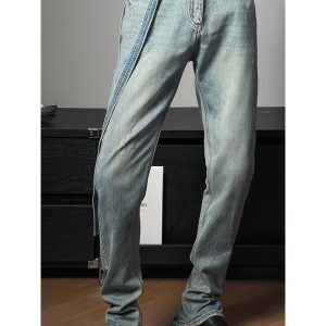 Trendy Retro Distressed Lace-Up Split Loose Straight-Leg Jeans - American High Street Fashion, Y2K Style, Casual Chic