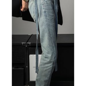 Trendy Retro Distressed Lace-Up Split Loose Straight-Leg Jeans - American High Street Fashion, Y2K Style, Casual Chic