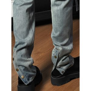 Trendy Retro Distressed Lace-Up Split Loose Straight-Leg Jeans - American High Street Fashion, Y2K Style, Casual Chic