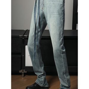 Trendy Retro Distressed Lace-Up Split Loose Straight-Leg Jeans - American High Street Fashion, Y2K Style, Casual Chic