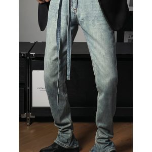 Trendy Retro Distressed Lace-Up Split Loose Straight-Leg Jeans - American High Street Fashion, Y2K Style, Casual Chic