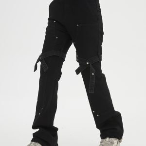 Trendy Retro Lace-Up Black Denim Flared Pants for Men and Women - High Street 90s Style Long Trousers