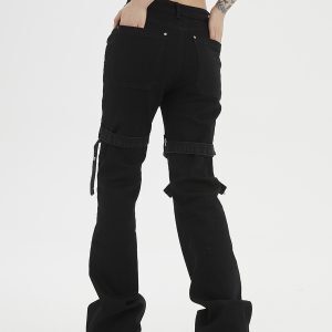 Trendy Retro Lace-Up Black Denim Flared Pants for Men and Women - High Street 90s Style Long Trousers