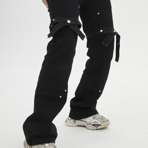 Trendy Retro Lace-Up Black Denim Flared Pants for Men and Women - High Street 90s Style Long Trousers