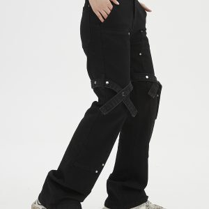 Trendy Retro Lace-Up Black Denim Flared Pants for Men and Women - High Street 90s Style Long Trousers