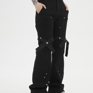 Trendy Retro Lace-Up Black Denim Flared Pants for Men and Women - High Street 90s Style Long Trousers