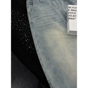 Trendy Rhinestone Denim Pants for Men - American Vintage Washed Loose Straight Leg Style, Summer 90s Niche Design
