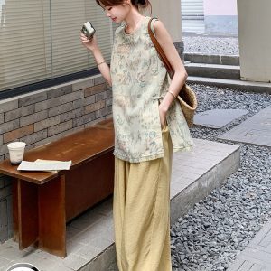 Trendy Sleeveless Tassel Split Top and Wide-Leg Pants Set for Women – Summer 2025 Fashion, Age-Reducing Two-Piece Outfit