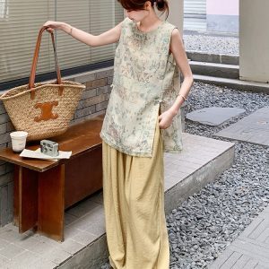 Trendy Sleeveless Tassel Split Top and Wide-Leg Pants Set for Women – Summer 2025 Fashion, Age-Reducing Two-Piece Outfit