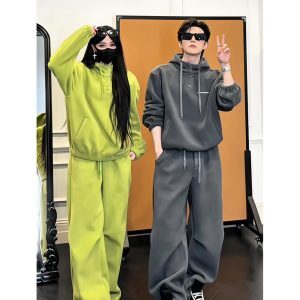 Trendy Solid Color Dragon Dadao Winter Casual Sports Suit - Thickened Sweatshirt & Long Pants for Couples
