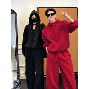 Trendy Solid Color Dragon Dadao Winter Casual Sports Suit - Thickened Sweatshirt & Long Pants for Couples