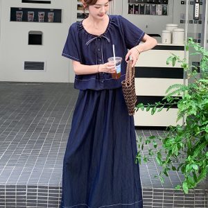 Trendy Summer Denim Two-Piece Set for Women - Light Mature Style Short Sleeve Top & Wide-Leg Pants Outfit