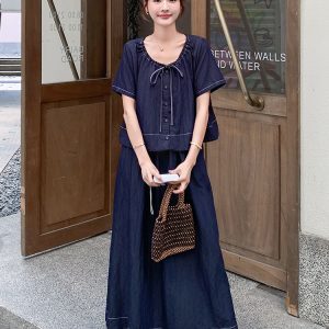 Trendy Summer Denim Two-Piece Set for Women - Light Mature Style Short Sleeve Top & Wide-Leg Pants Outfit