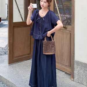 Trendy Summer Denim Two-Piece Set for Women - Light Mature Style Short Sleeve Top & Wide-Leg Pants Outfit
