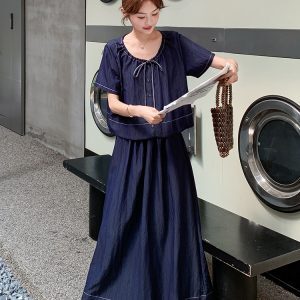 Trendy Summer Denim Two-Piece Set for Women - Light Mature Style Short Sleeve Top & Wide-Leg Pants Outfit