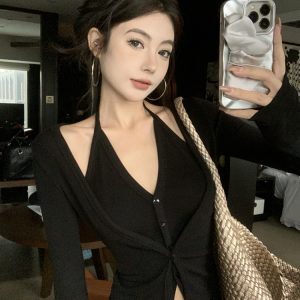Trendy Two-Piece Style Faux Layered Shirt for Women - K-Pop Inspired Autumn Winter Jazz Top for Music Festivals