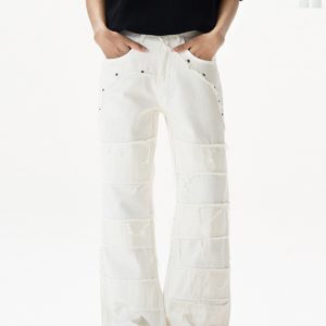 Trendy Unisex Distressed White Jeans - Slim-Fit Flared Pants for American High Street Style