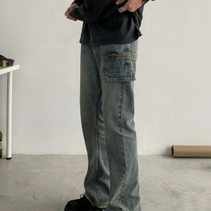 Trendy Vintage High Street Men's Distressed Micro Flared Jeans - American Style Washed Long Pants