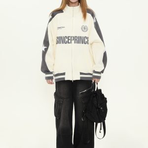 Trendy Women's Color-Blocking Stand-Up Collar Jacket - American Style Loose Fit Spring Couples Outerwear