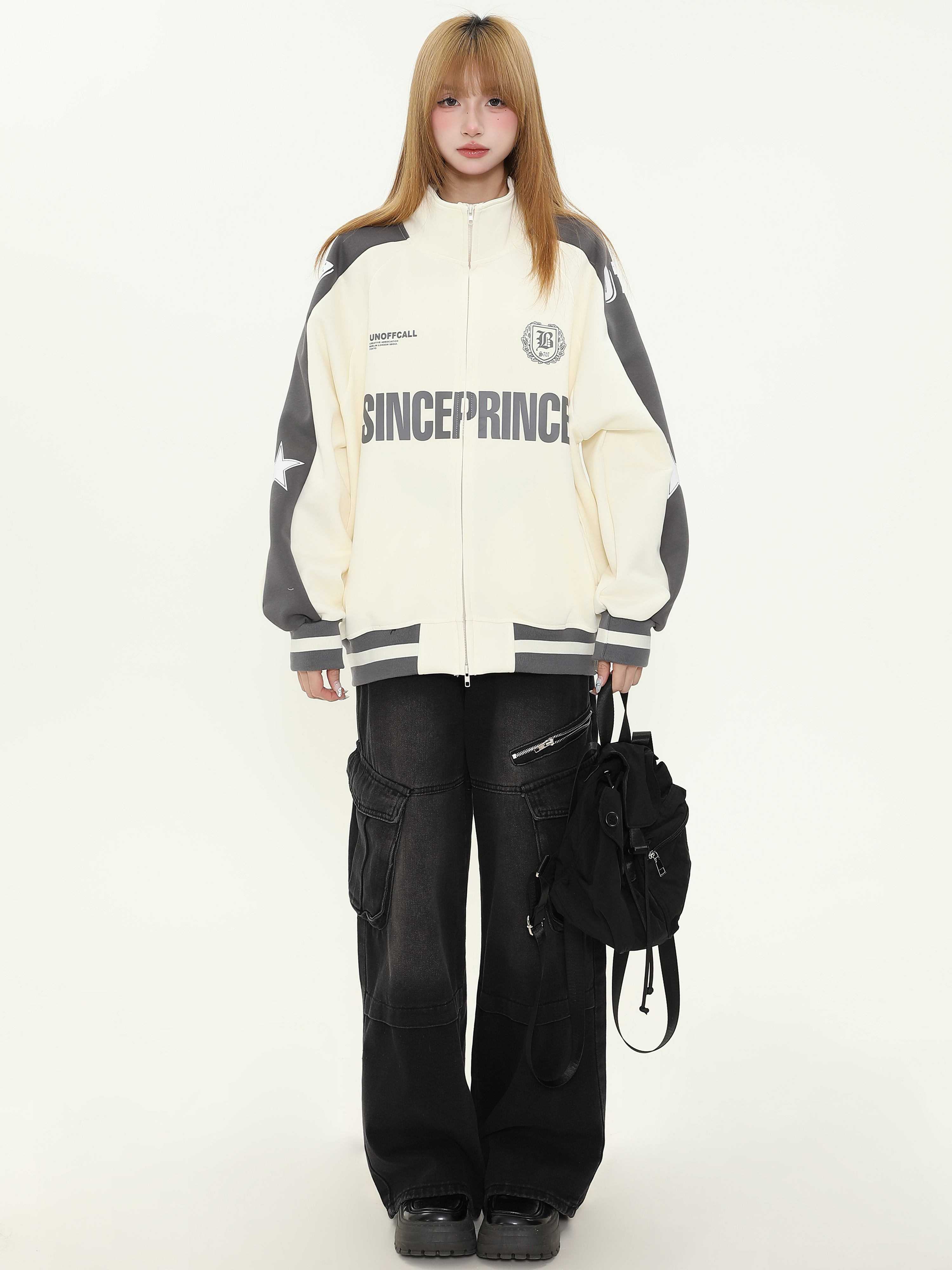 Trendy Women's Color-Blocking Stand-Up Collar Jacket - American Style Loose Fit Spring Couples Outerwear
