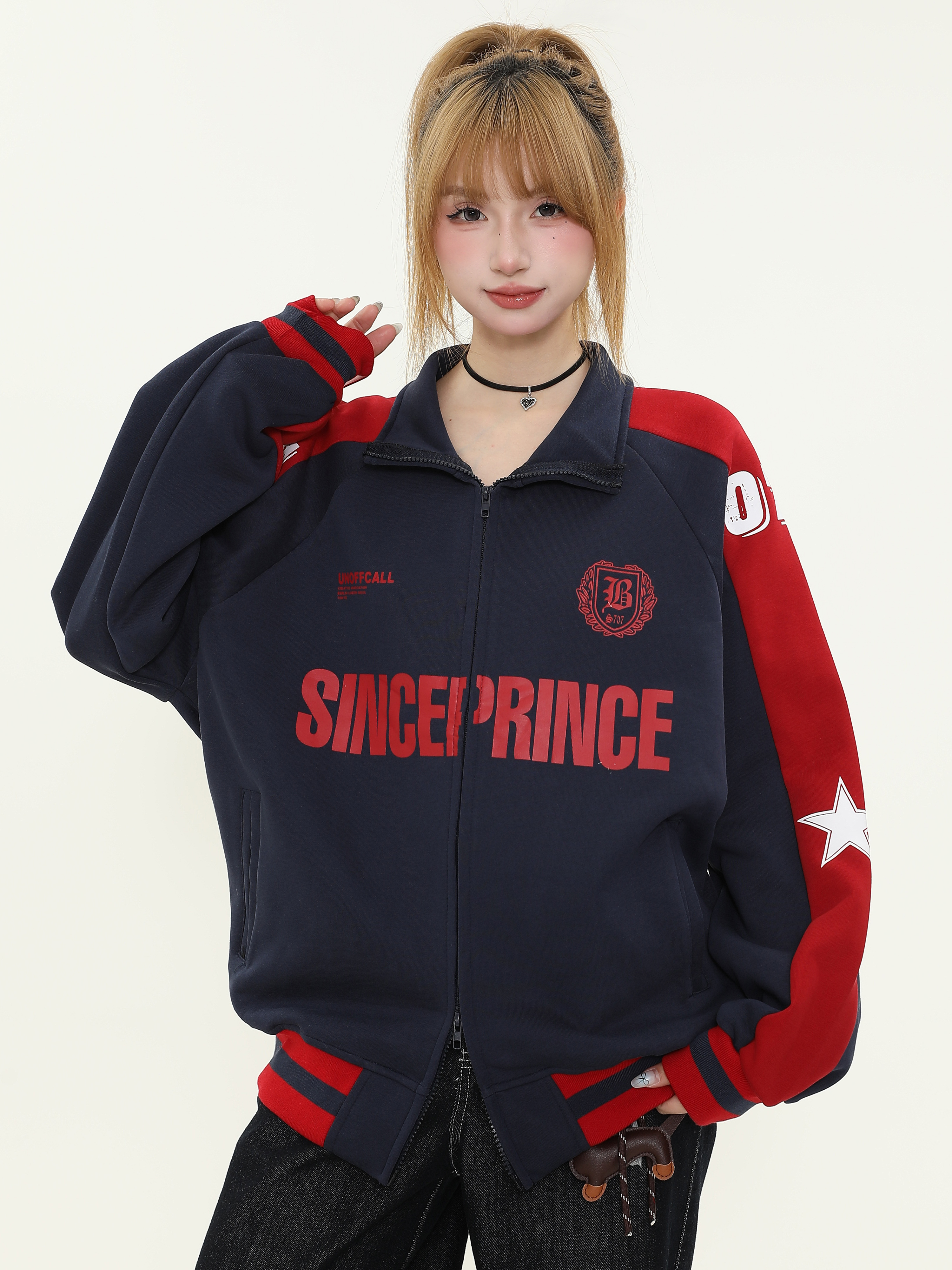 Trendy Women's Color-Blocking Stand-Up Collar Jacket - American Style Loose Fit Spring Couples Outerwear
