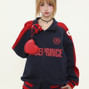 Trendy Women's Color-Blocking Stand-Up Collar Jacket - American Style Loose Fit Spring Couples Outerwear