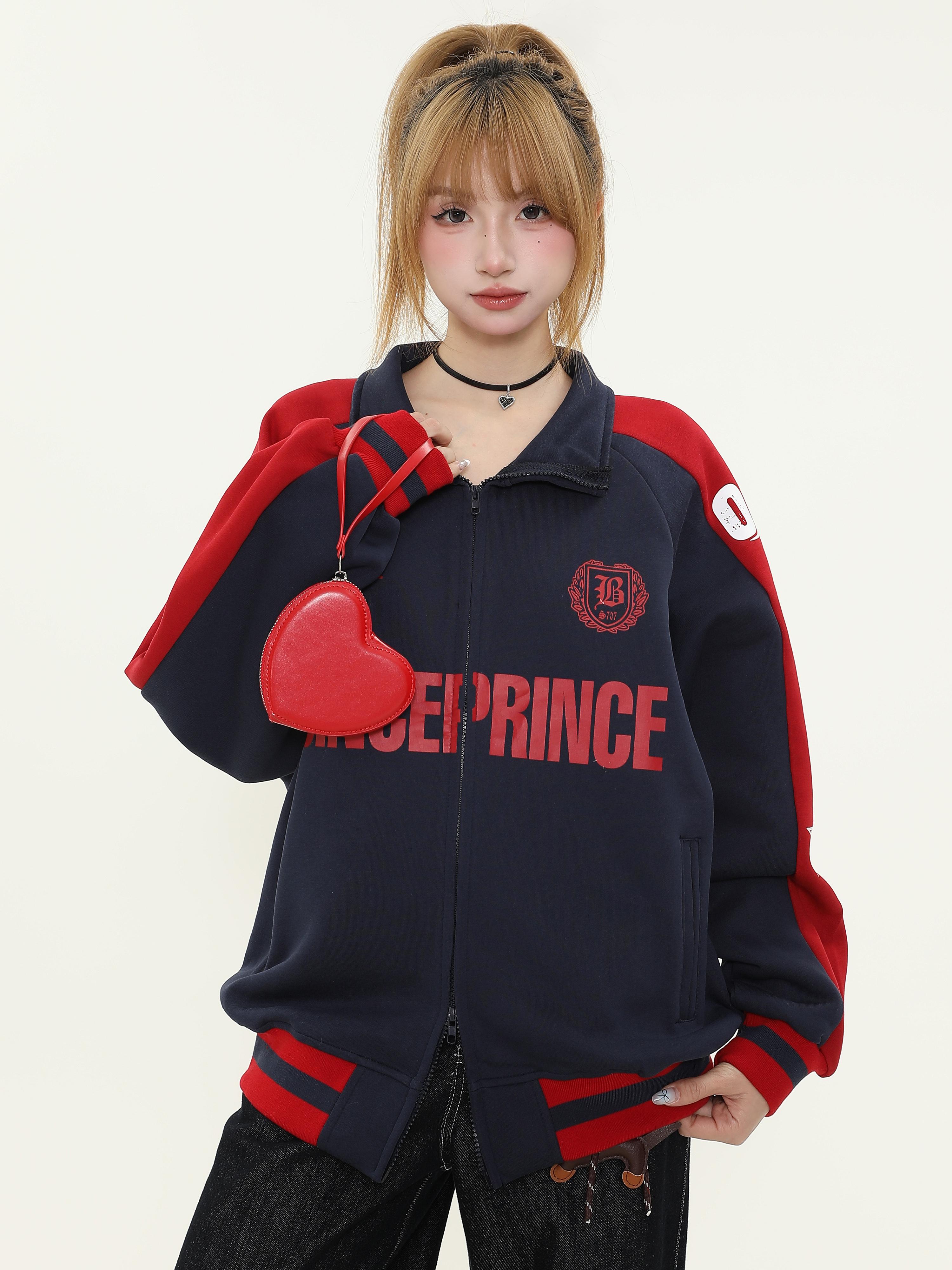 Trendy Women's Color-Blocking Stand-Up Collar Jacket - American Style Loose Fit Spring Couples Outerwear