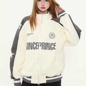 Trendy Women's Color-Blocking Stand-Up Collar Jacket - American Style Loose Fit Spring Couples Outerwear
