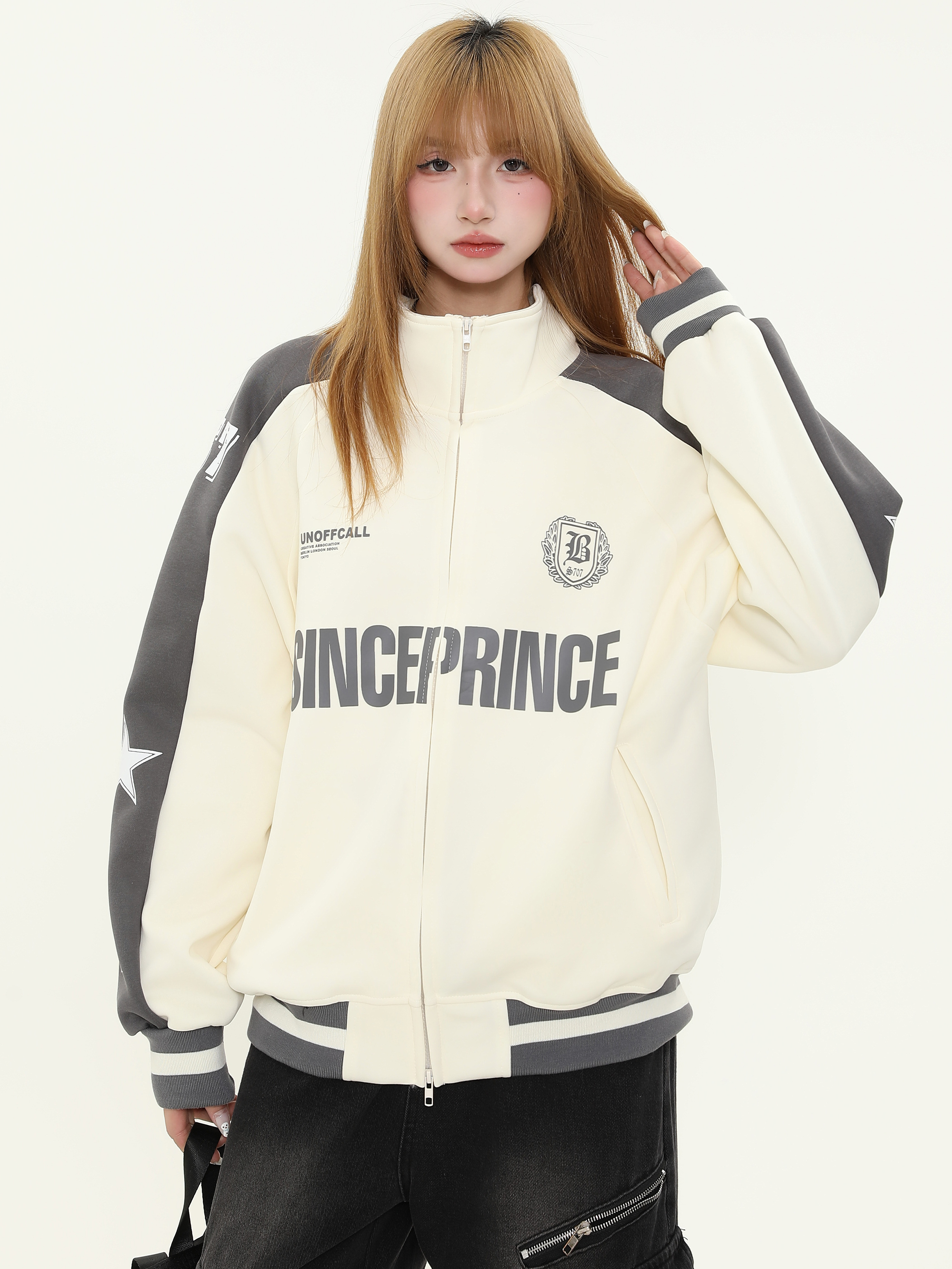 Trendy Women's Color-Blocking Stand-Up Collar Jacket - American Style Loose Fit Spring Couples Outerwear