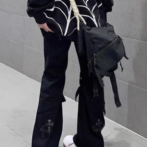 Trendy Women's Floor-Length Flared Jeans - High Street Vibe, Straight Loose Fit, Niche Design