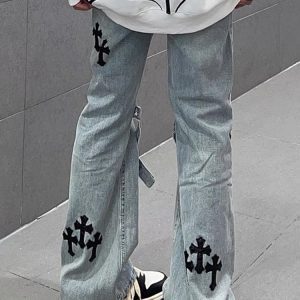 Trendy Women's Floor-Length Flared Jeans - High Street Vibe, Straight Loose Fit, Niche Design