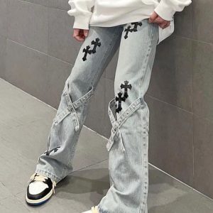 Trendy Women's Floor-Length Flared Jeans - High Street Vibe, Straight Loose Fit, Niche Design