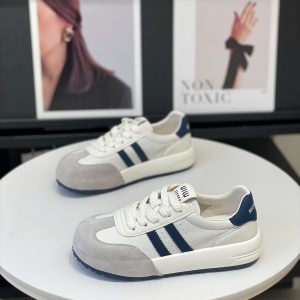Trendy Women's Genuine Leather Lace-Up Color-Block Thick-Soled Casual Shoes for Spring 2025, Versatile Small Board Style