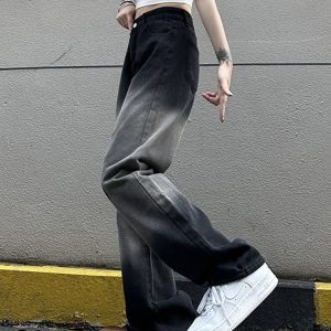 Trendy Women's High-Waisted Black and Gray Wide-Leg Pants - Casual Versatile American High Street Style