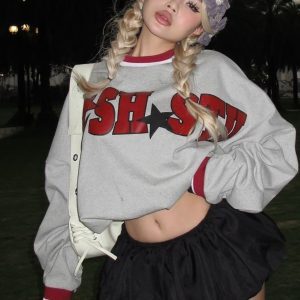 Trendy Women's Long Sleeve Sweatshirt with Letter Print, Spliced Round Neck, Casual Loose Fit for Street Fashion Style