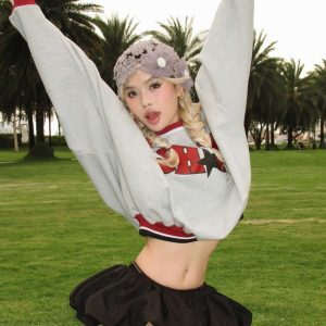 Trendy Women's Long Sleeve Sweatshirt with Letter Print, Spliced Round Neck, Casual Loose Fit for Street Fashion Style