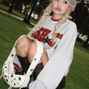 Trendy Women's Long Sleeve Sweatshirt with Letter Print, Spliced Round Neck, Casual Loose Fit for Street Fashion Style