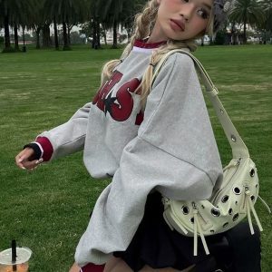 Trendy Women's Long Sleeve Sweatshirt with Letter Print, Spliced Round Neck, Casual Loose Fit for Street Fashion Style